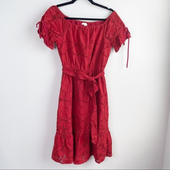 Shoshanna anthropologie eyelet red belted ruffle midi dress size 2 wedding guest - Picture 2 of 14